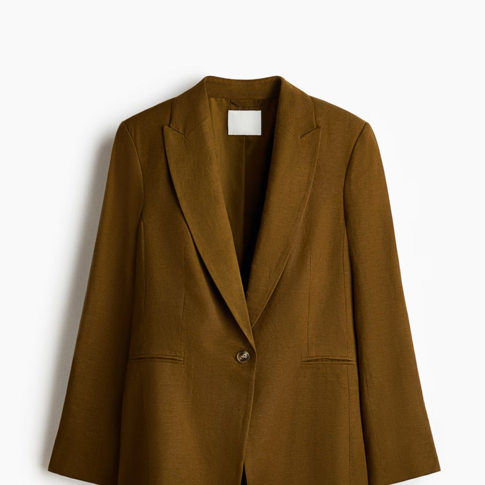 H&M LINEN-BLEND BLAZER Brown Single-Button Blazer Size L